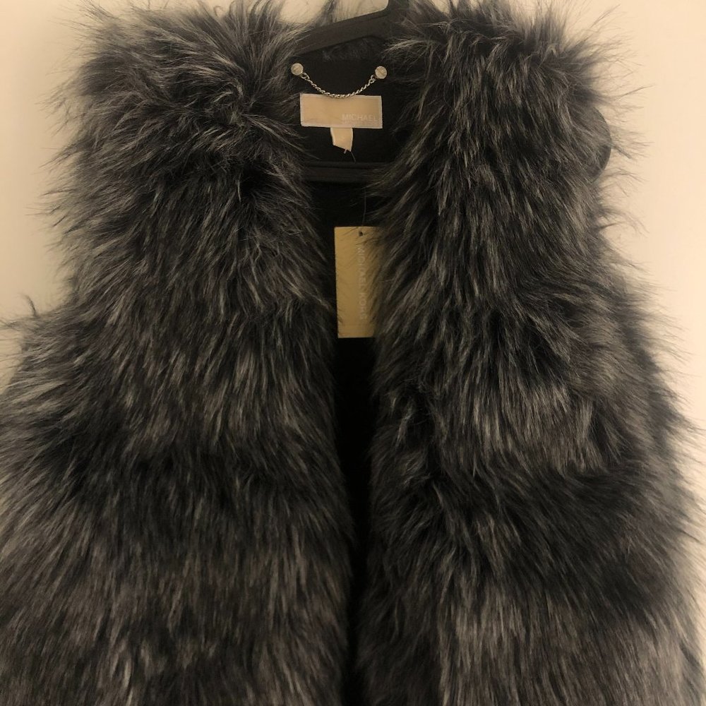 New Michael Kors Faux Fur Vest Silver/Black/Gray